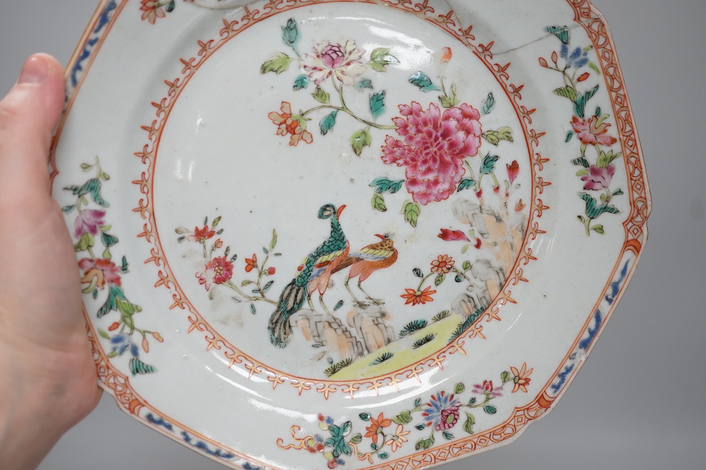 A Chinese figure of blanc de chine, a dragon tea bowl, a saucer, a large tankard, and another Chinese dish, tallest 23cm